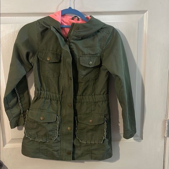 Cat & Jack Olive Raincoat with Coral Hood - Picture 1 of 8